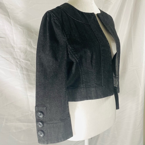 Ann Taylor LOFT Cropped Open Front Denim Jacket Black Fitted Detailed Size 8 EUC - Picture 6 of 12